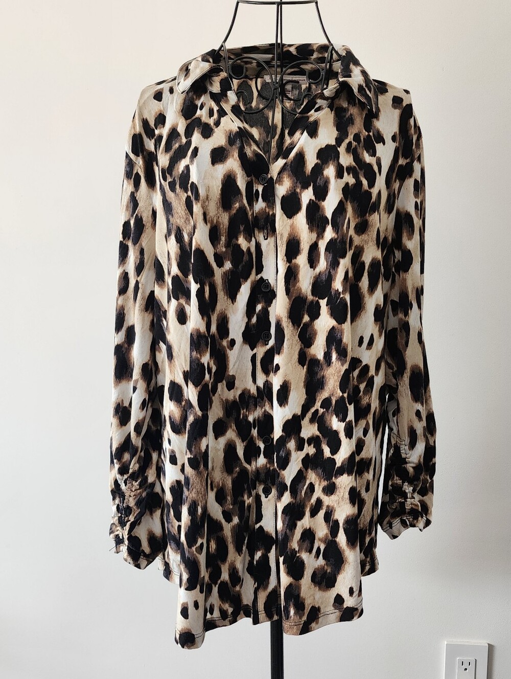 JM Collection Leopard Print Button Up Top Women 3X Brown Ruched Sleeve Mob Wife